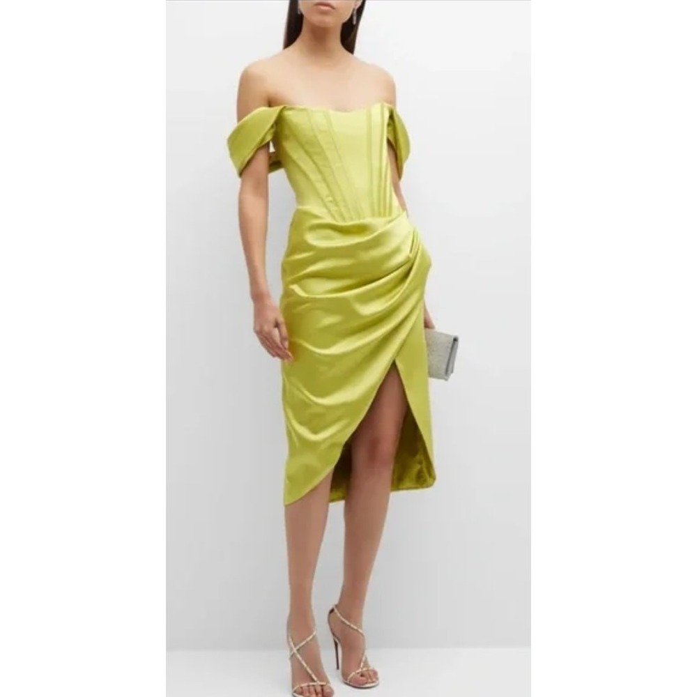 Gigiis Lime Green Satin Corset Midi Dress Draped Off Shoulder Sweetheart NWT